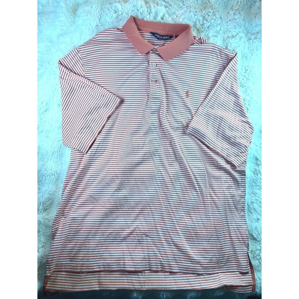 Polo Golf Ralph Lauren Mens XL Orange White Striped Pima Cotton Polo Shirt. A18